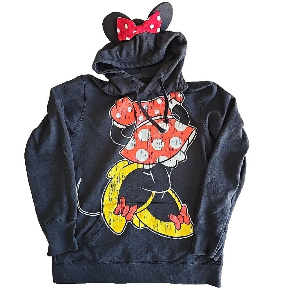 Disney Women's Hoodie Minnie Mouse Size Large Sweatshirt Black Ears Bow Park